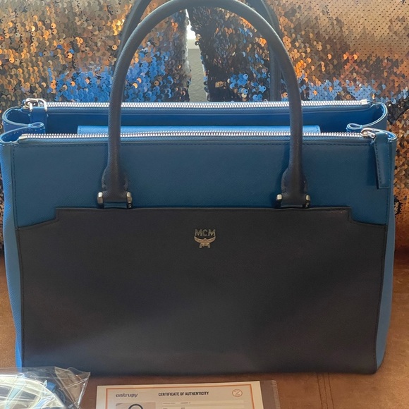 MCM Two Tone Navy and Blue Leather Tote - Picture 2 of 8